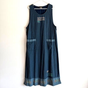 Blue Cactus Maxi Dress Size 1X Vintage Blue Sleeveless Southwestern USA Pockets